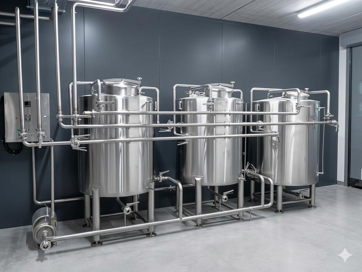 Automated CIP System — stainless tanks, pipes and valves on process skid