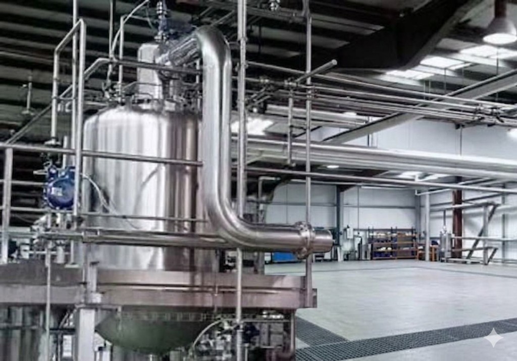 Batch evaporator vacuum pan  -  polished stainless steel jacketed vessel in industrial plant