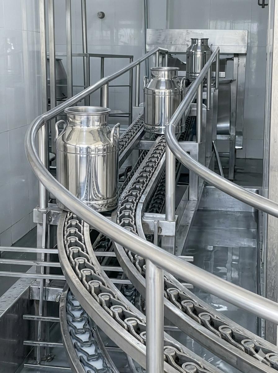 Milk can conveyor - stainless steel automated milk can handling system for dairy plants