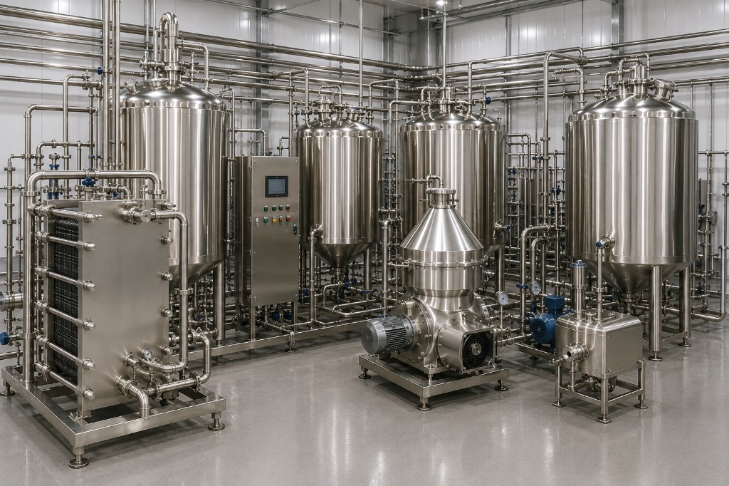 Milk processing and chilling plant — stainless steel tanks, plate heat exchanger and hygienic process line