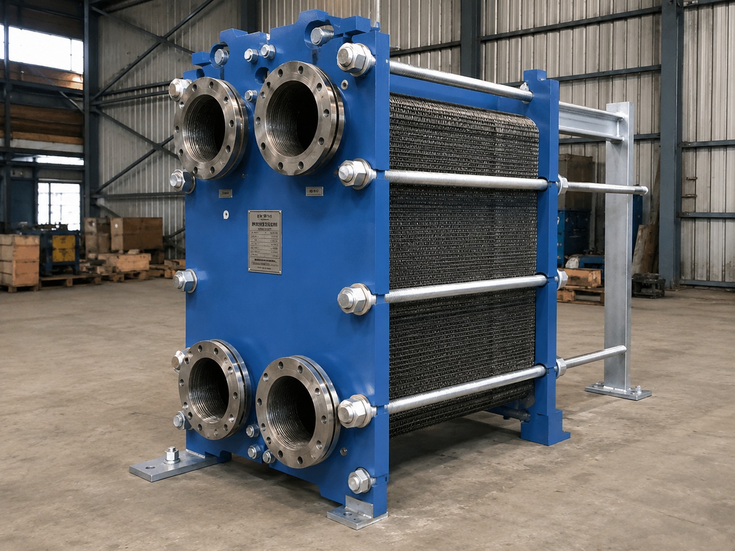 Plate heat exchanger  -  stainless process skid with tanks and piping