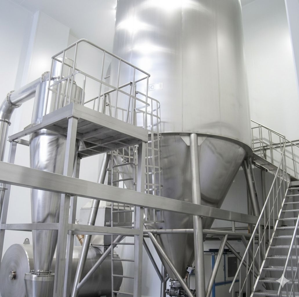 Spray dryer (nozzle / rotary disc) — drying chamber, cyclone separator and control panel
